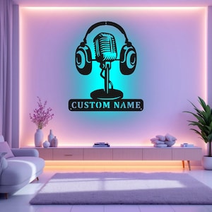 Custom Music Audio Studio Metal Wall Art LED Light, Personalized Microphone Headphones Name Sign, Home Decor Musical Musician Room