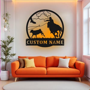 Custom Calf Roping Metal Wall Art With LED Light, Personalized Calf Roping Name Sign Decoration For Room, Calf Roping Metal Home Decor