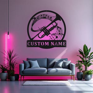 Custom Trumpet Musical Instrument Metal Wall Art With LED Light, Personalized Trumpet Teacher Name Sign Decoration For Room, Trumpet Decor