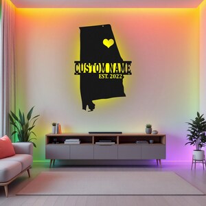 Custom Alabama kaart metalen muurkunst met led licht, gepersonaliseerde Alabama staat naambord decoratie voor kamer, Born in Alabama metalen led-decor