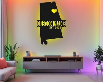 Arte de pared de metal con mapa de Alabama personalizado y luz LED, letrero con el nombre del estado de Alabama personalizado para decoración de habitación, decoración LED de metal con el nombre "Nacido en Alabama"