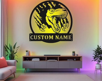 Custom TRex Claws Scratch Metal Wall Art With LED Light, Personalized TRex Name Sign Decoration For Room, TRex Metal LED Decor, TRex
