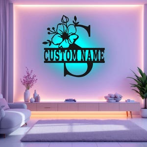 Arte de pared de metal con letras florales personalizadas S con luz LED, letrero con nombre de familia y alfabeto personalizado para decoración de habitación, decoración LED de metal con apellido