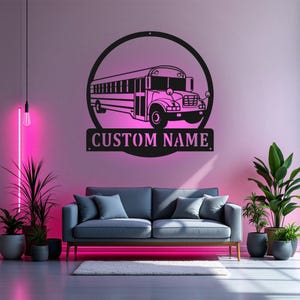 Custom School Bus Metal Wall Art With LED Light, Personalized School Bus Driver Name Sign Decoration For Room, School Bus Metal LED Decor