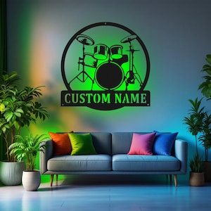 Custom Drums Metal Wall Art With LED Light, Personalized Drummer Name Sign Decoration For Room, Drums Metal LED Decor, Custom Drummer