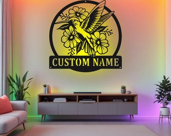 Kundenspezifische Kolibri-Metallwandkunst mit LED-Licht, personalisierte Kolibri-Namensschild-Dekoration für Raum, Kolibri-Metall-LED-Dekor