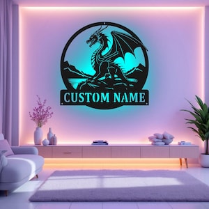 Custom Magic Dragon Metal Sign With LED Light, Personalized Dragon Name Sign Decoration For Room, Dragon Metal LED Decor, Custom Dragon Name