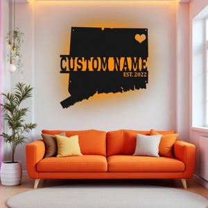 Arte de pared de metal con mapa de Connecticut personalizado con luz LED, letrero con nombre de Connecticut personalizado para decoración de habitación, decoración LED Born In Connecticut
