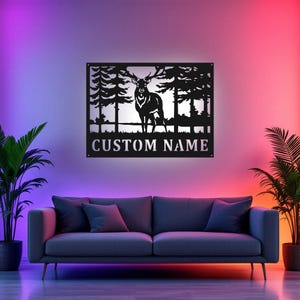 Benutzerdefinierte Deer Wildtiere Metall Wandkunst mit LED-Licht, personalisierte Deer Name Zeichen Dekoration für Zimmer, Hirsch Wildtiere Metall LED Dekor