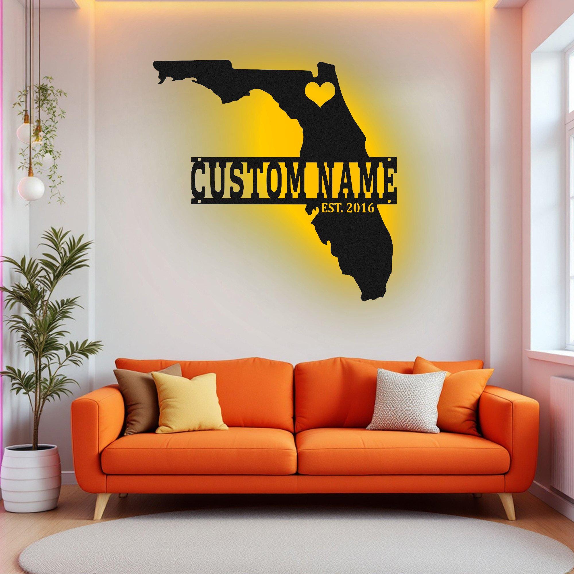 Custom Florida Map Metal Wall Art With Led Light, Personalized Florida ...