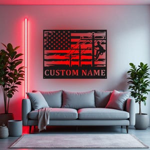 Custom Lineman USA Flag Round Metal Wall Art With LED Light, Personalized Lineman Name Sign Decoration For Room, Lineman Home Decor, Lineman