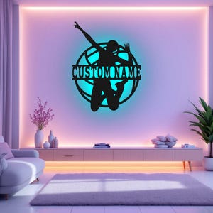 Custom Volleyball Metal Wall Art With LED Light, Personalized Volleyball Player Name Sign Decoration For Room, Volleyball Metal LED Decor