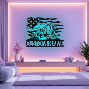 Custom US Train Metal Wall Art With LED Light, Personalized Train Name Sign Decoration For Room, Train Metal LED Decor, Custom Train Decor