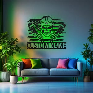 Custom US Plumber Skull Metal Wall Art With LED Light, Personalized Plumber Name Sign Decoration For Room, Plumber Metal Home Decor, Plumber