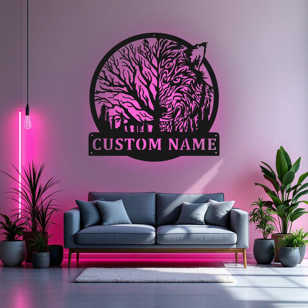 Custom Wolf Moon Metal Wall Art With LED Light, Personalized Wolf Name ...