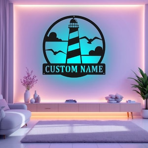Custom Lighthouse Metal Wall Art With LED Light, Personalized Lighthouse Name Sign Decoration For Room, Lighthouse Metal LED Decor