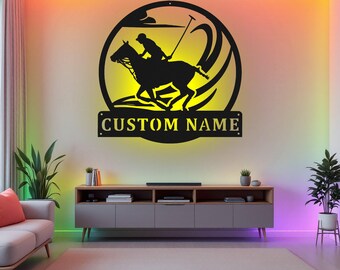 LEDライト付きカスタムポロスポーツメタルウォールアート、パーソナライズされたポロスポーツネームサインデコレーション、ポロスポーツメタルホームデコレーション