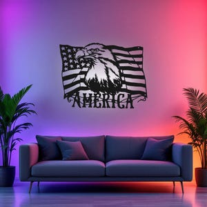 American Eagle Flag Metal Wall Art With LED Light, American Eagle Flag Sign Decoration For Living Room, American Eagle Flag Metal LED Decor