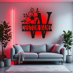 Arte de pared de metal con letras florales personalizadas con luz LED, letrero con nombre de familia y letras del alfabeto personalizado para decoración de habitación, decoración LED de metal con apellido
