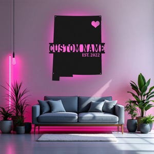 Arte de pared de metal con mapa de Nuevo México personalizado con luz LED, letrero con el nombre del estado de Nuevo México personalizado para decoración de habitación, decoración LED Born In New Mexico