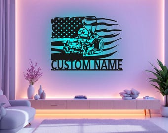 Custom US Zero Turn Lawn Mower Metal Wall Art With LED Light, Personalized Gardener Name Sign Decoration For Room, Zero Turn Lawn Mower