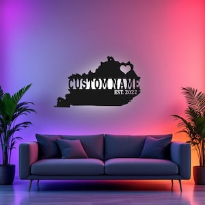 Arte de pared de metal con mapa de Kentucky personalizado con luz LED, letrero con el nombre del estado de Kentucky personalizado para decoración de habitación, decoración LED de metal Born In Kentucky