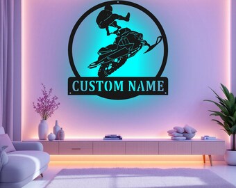 Arte mural metálico personalizado para moto de nieve con luz LED, letrero con nombre personalizado para moto de nieve, decoración para habitación, decoración metálica LED para moto de nieve