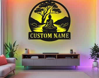 Kundenspezifisches Buddha-Metallschild mit LED-Licht, personifizierte Buddha-Namensschild-Dekoration für Raum, Buddha-Metall-LED-Dekor, kundenspezifischer Buddha-Name