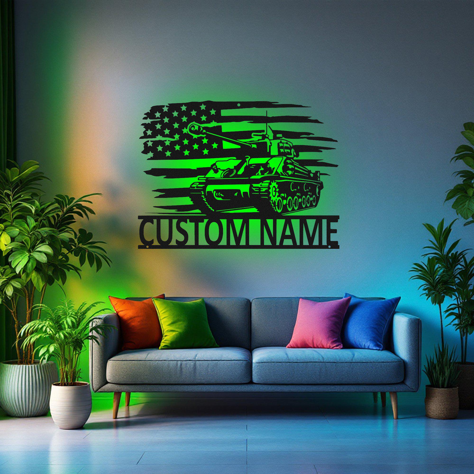 Custom US Military Tank Metal Wall Art With LED Light, Personalized Tank Driver Name Sign Decoration For Room, Military Tank Metal LED Decor