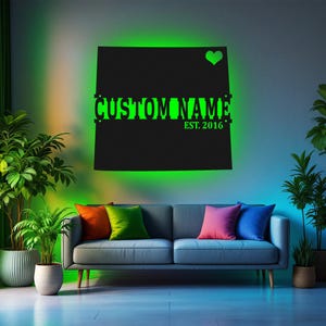 Arte de pared de metal con mapa de Colorado personalizado con luz LED, letrero con el nombre del estado de Colorado personalizado para decoración de habitación, decoración LED Born In Colorado