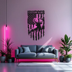 Benutzerdefinierte US Deer Metallwandkunst mit LED-Licht, personalisierte Deer Hunter Name Zeichen Dekoration für Zimmer, Hirschjagd Metall LED Dekor