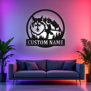 Custom Wolf Howling Metal Sign With LED Light, Personalized Wolf Name Sign Decoration For Room, Wolf Metal LED Decor, Custom Wolf Name Sign