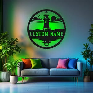 Custom Lighthouse Metal Wall Art With LED Light, Personalized Lighthouse Name Sign Decoration For Room, Lighthouse Metal LED Decor