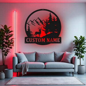 Benutzerdefinierte Deer Mountain Metallwandkunst mit LED-Licht, personalisierte Deer Hunter-Namensschilddekoration für Raum, Hirschmetall-LED-Dekor, Hirschzeichen