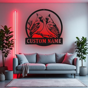 Benutzerdefinierte Paar Kardinal Vogel Metallschild mit LED-Licht, personalisierte Kardinal Vogel Namensschild Dekoration für Zimmer, Kardinal Metall LED-Dekor