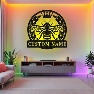 Custom Queen Bee Metal Wall Art With LED Light, Personalized Queen Bee Name Sign Decoration For Room, Queen Bee Metal Home Decor, Queen Bee