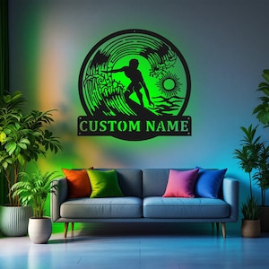 Custom Surfer Metal Wall Art With LED Light, Personalized Surfer Name Sign Decoration For Room, Surfer Metal Home Decor, Custom Surfer