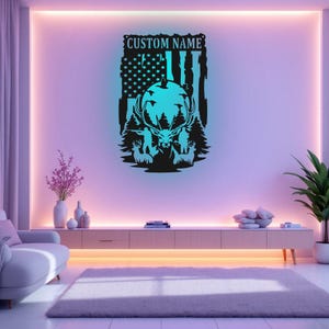 Custom US Deer Hunting Metal Wall Art With LED LightV3, Personalized Deer Hunter Name Sign Decoration For Room, Deer Hunting Metal LED Decor