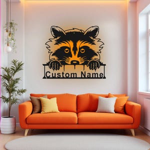 Custom Raccoon Metal Wall Art With LED Light, Personalized Raccoon Name Sign Decoration For Room, Raccoon Metal LED Decor, Custom Raccoon