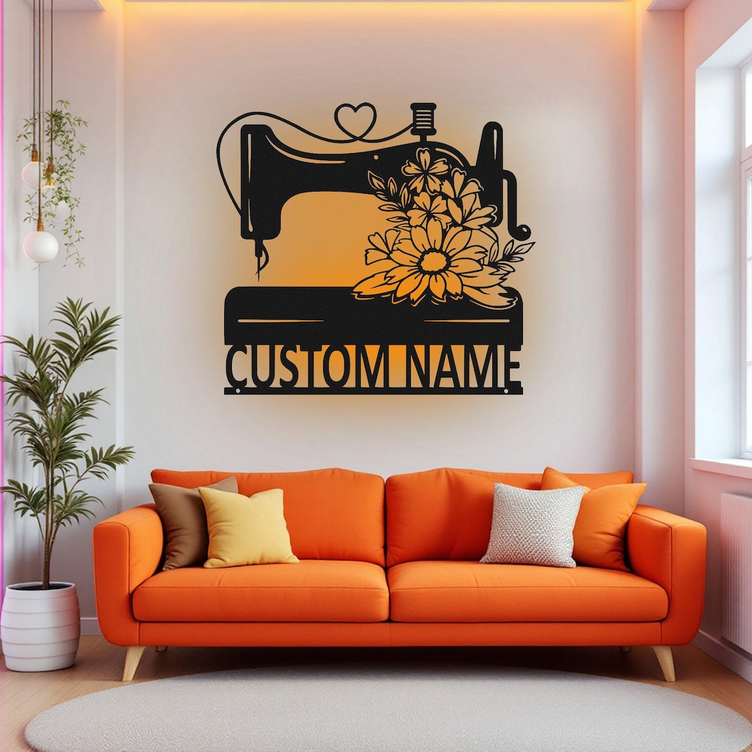 Custom Floral Sewing Machine Metal Wall Art With LED Light