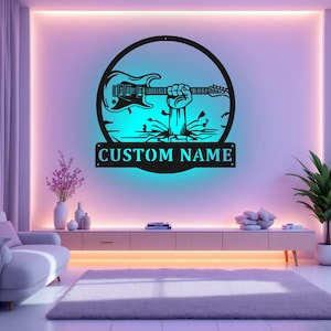 Custom Hand Holding Electric Guitar Metal Wall Art With LED Light,Personalized Electric Guitar Name Sign Decoration For Room,Electric Guitar