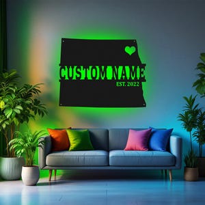 Art mural personnalisé en métal, carte du Dakota du Nord avec lumière LED, décoration personnalisée de signe de nom d'État du Dakota du Nord pour chambre, né dans le Dakota du Nord