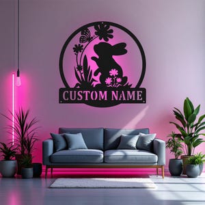 Custom Easter Bunny Metal Wall Art With LED Light, Personalized Bunny Name Sign Decoration For Room, Bunny Metal LED Decor, Custom Bunny