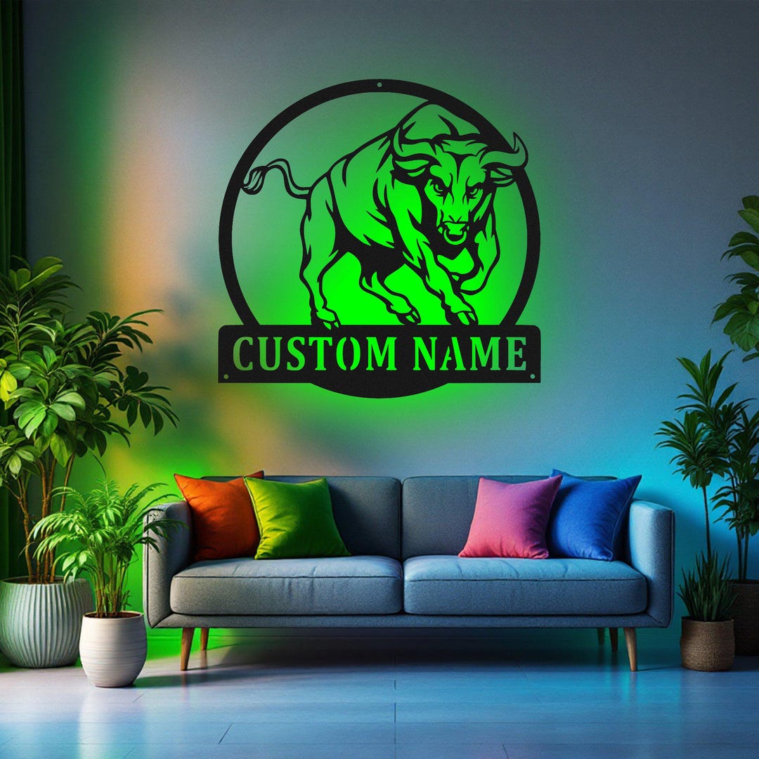 Custom Bull Metal Wall Art With LED Light, Personalized Bull Name Sign ...