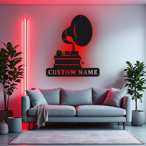 Custom Phonograph Record Metal Wall Art With LED Light, Personalized Record Player Name Sign Decoration For Room, Gramophone Metal LED Decor