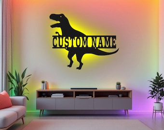 Custom TRex Dinosaur Metal Wall Art With LED Light, Personalized TRex Dinosaur Name Sign Decoration For Room, TRex Metal LED Decor, TRex