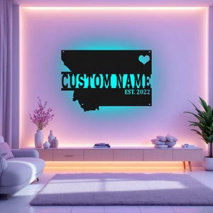Arte de pared de metal con mapa de Montana personalizado con luz LED, letrero con el nombre del estado de Montana personalizado para decoración de habitación, decoración LED de metal con el nombre de Born In Montana