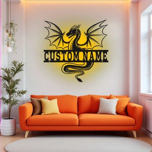 Custom Magic Dragon Metal Sign With LED Light, Personalized Dragon Name Sign Decoration For Room, Dragon Metal LED Decor, Custom Dragon Name