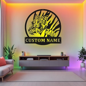 Custom Tiger Claws Scratch Metal Wall Art With LED Light, Personalized Tiger Name Sign Decoration For Room, Tiger Metal LED Decor, Tiger