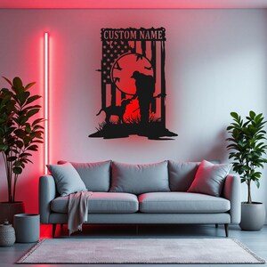 Custom US Hunting Dog Metal Wall Art With LED Light, Personalized Hunter Dog Name Sign Decoration, Dog hunting Metal LED Decor, Dog Hunting